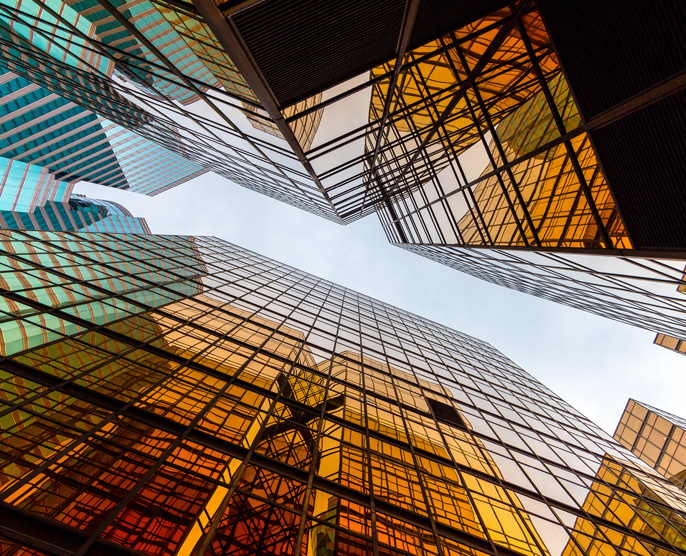 Low-angle view of a group of modern skyscrapers Low-angle view of a group of modern skyscrapers