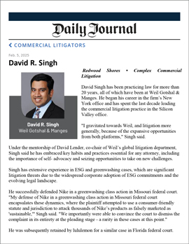 Daily Journal Commercial Litigators 2025 - David Singh